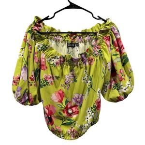 New York And Co 7th Avenue Off The Shoulder Green Floral Top Puff Sleeves